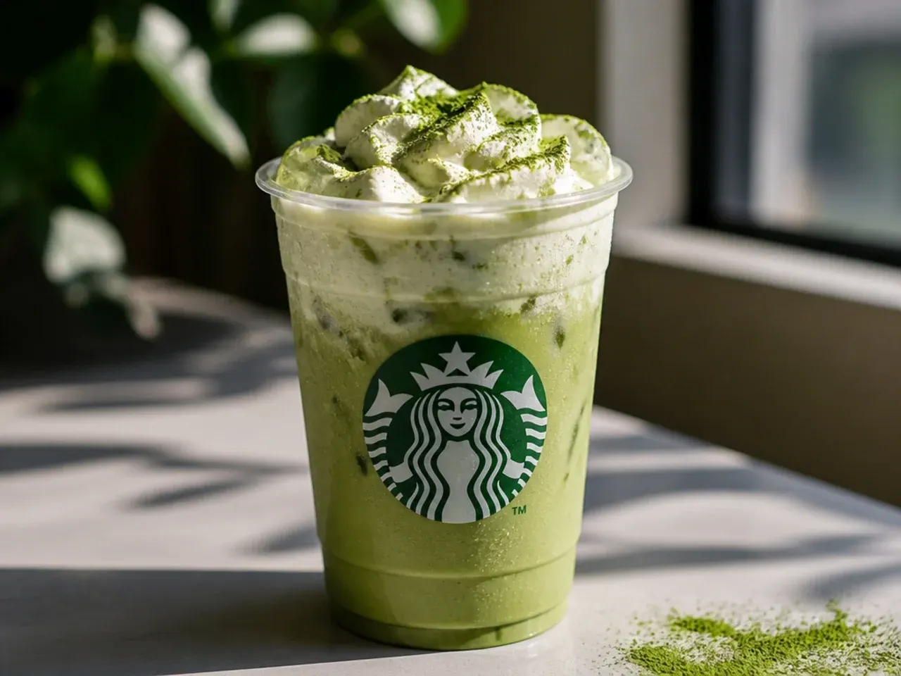 Flat lay of matcha powder, a whisk, milk and a glass of iced matcha latte on a wooden board