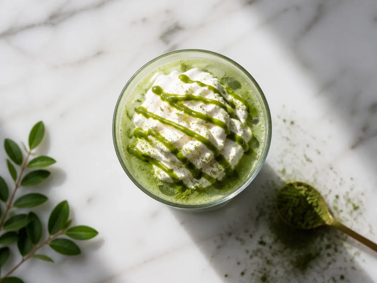 Iced matcha latte layered with milk in a clear glass with green tea settling at the bottom