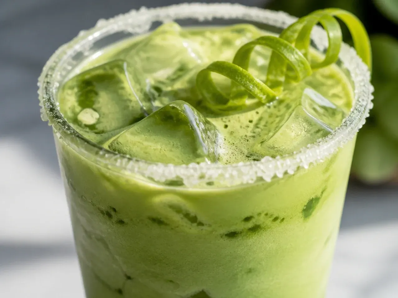 Blended matcha frappuccino topped with whipped cream in a plastic cup with a straw