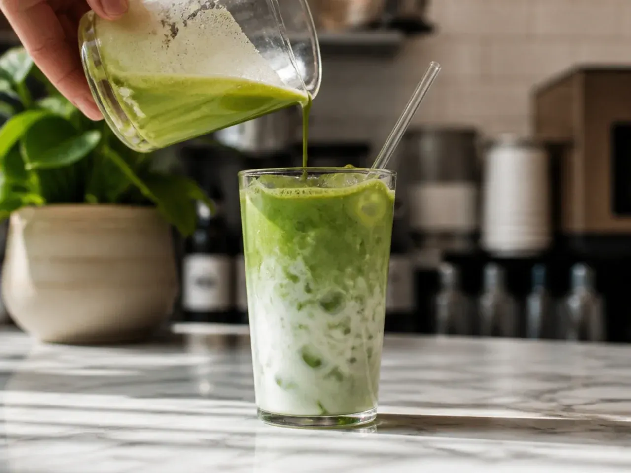 Creamy oat milk matcha latte with visible foam texture in a glass mug