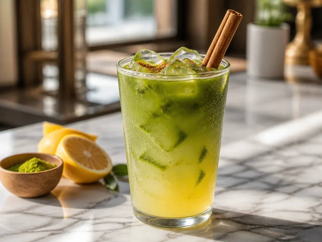 Iced matcha lemonade with layered green and yellow colour in a tall glass