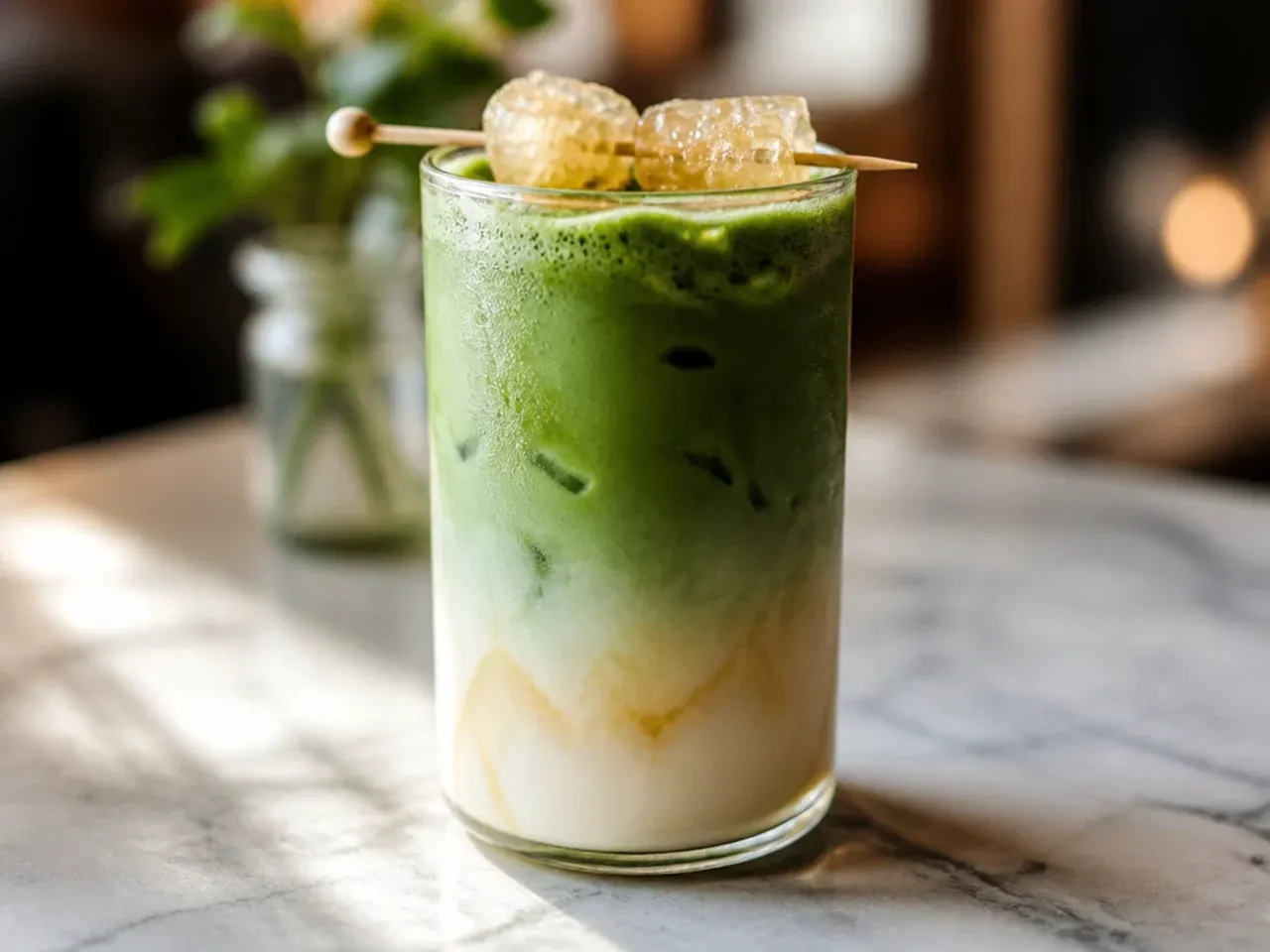 Honey vanilla matcha latte with a drizzle of honey visible in the glass