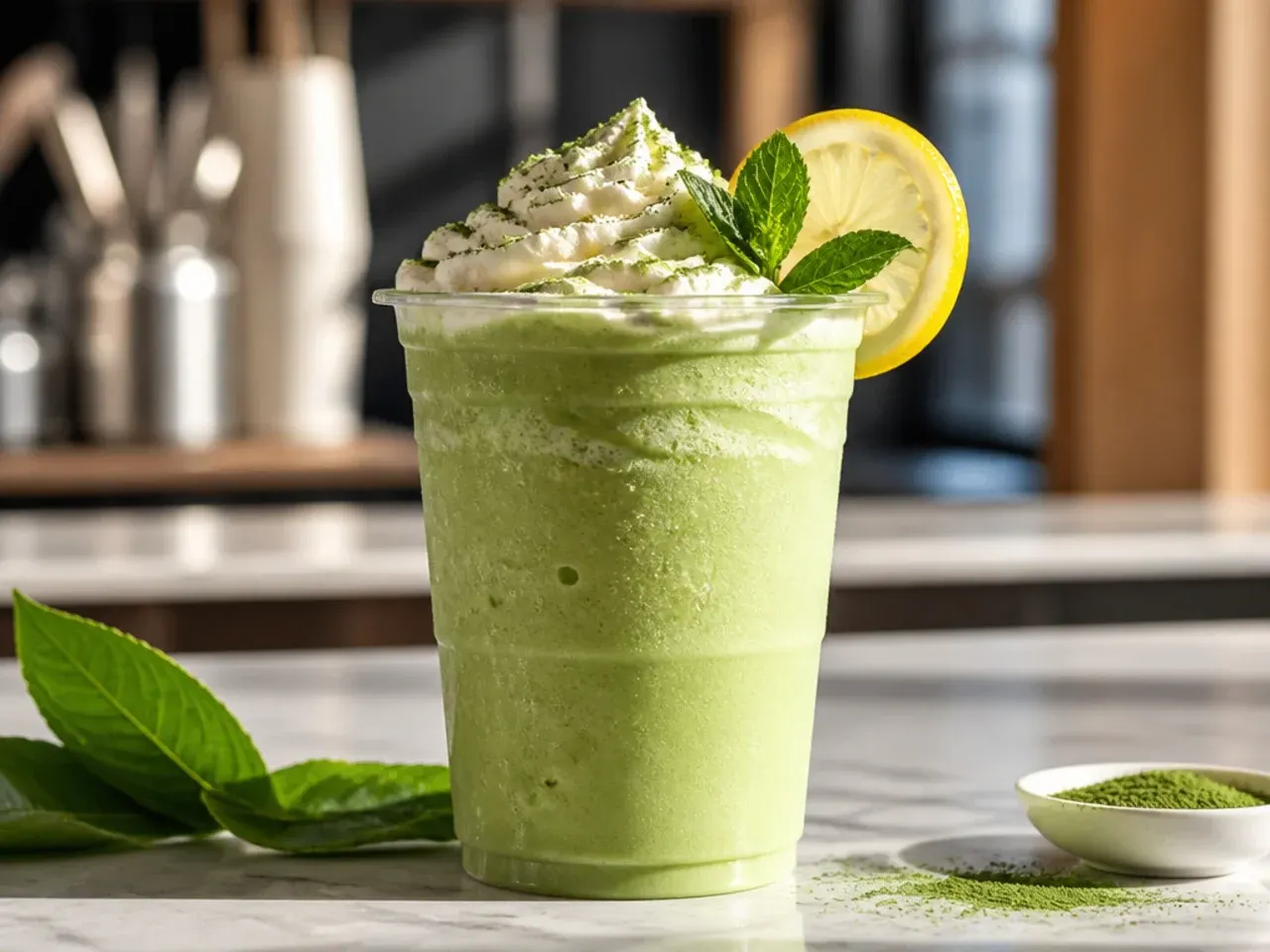 Thick frozen matcha milkshake topped with whipped cream and matcha powder dusting
