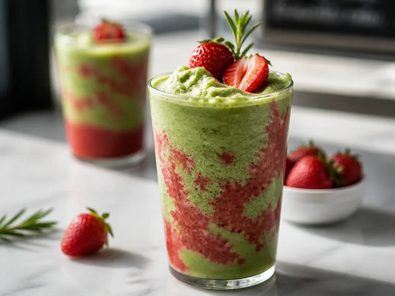 Layered strawberry matcha drink with pink and green layers in a tall glass