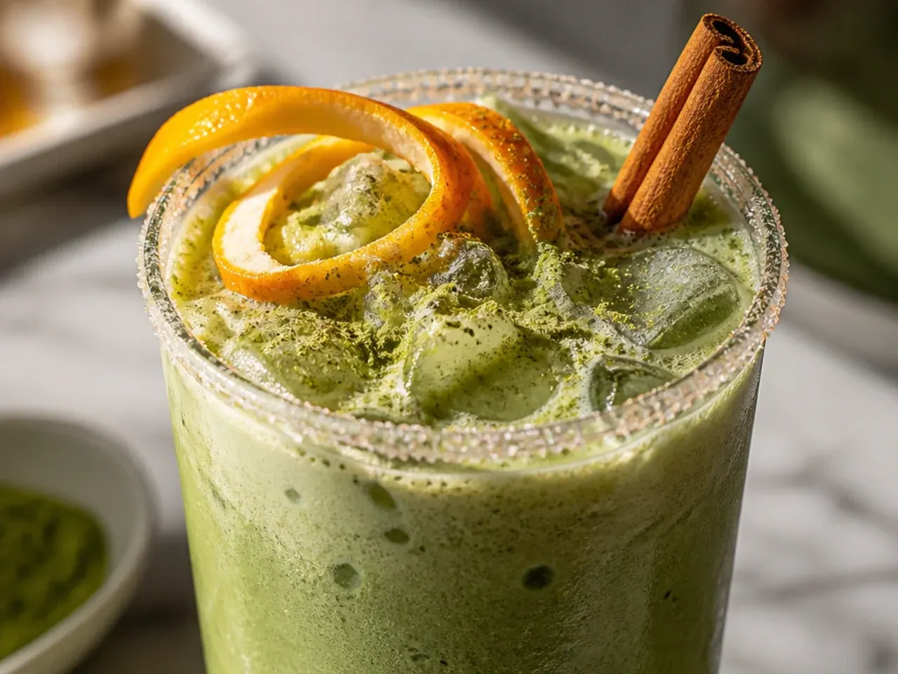 Spiced matcha chai frappuccino with cinnamon sprinkled on whipped cream
