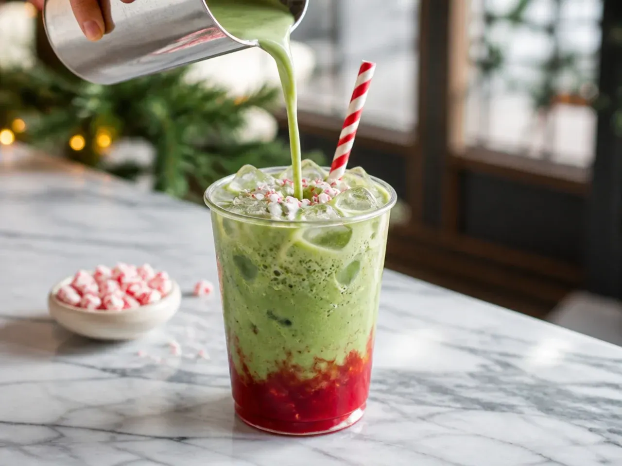 Festive peppermint matcha latte garnished with crushed candy cane in a mug