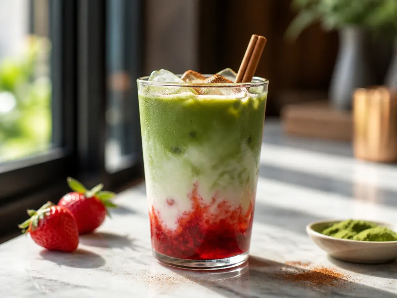 Layered strawberry and matcha refresher with distinct pink and green layers