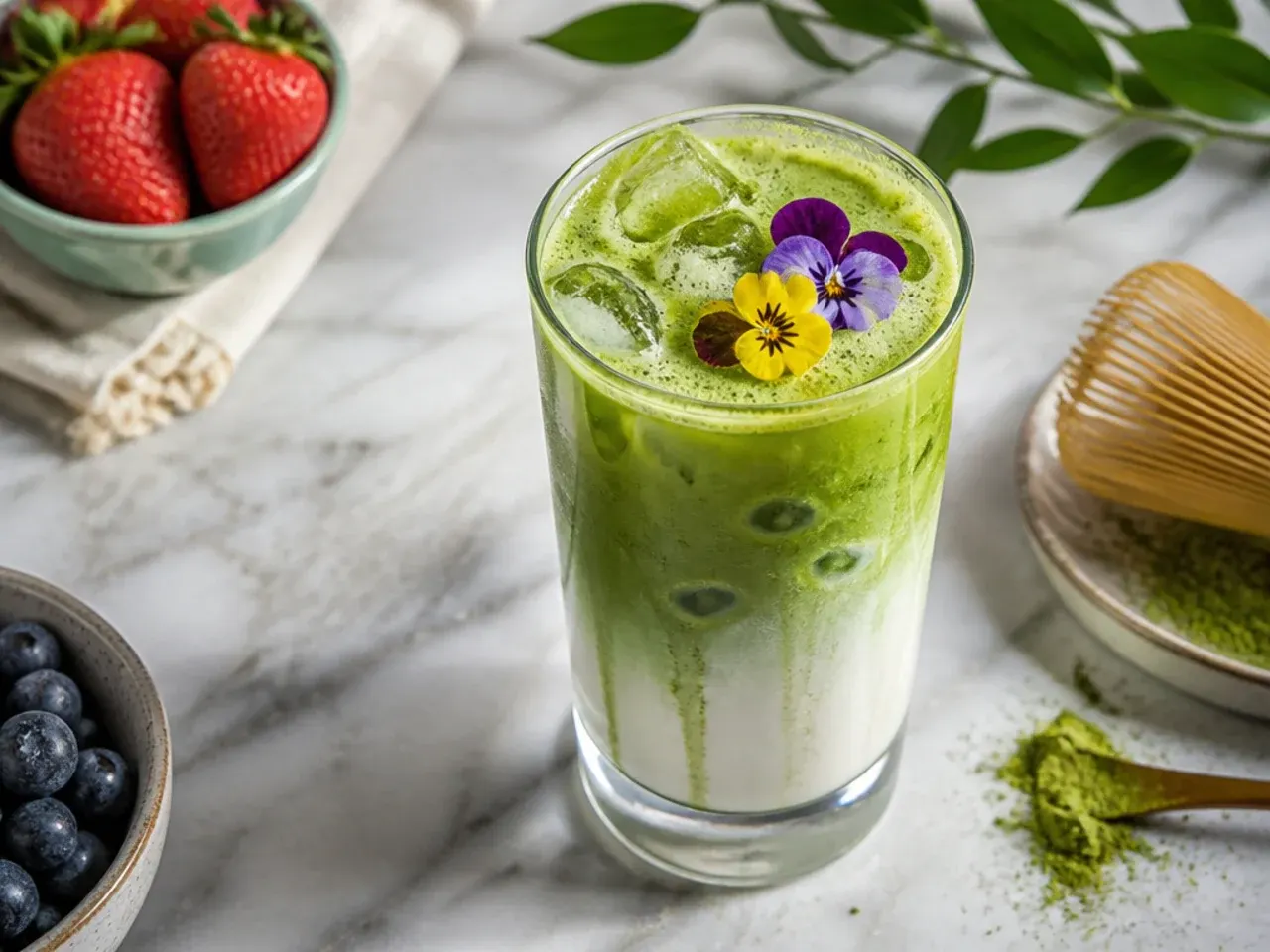 Bold, deep green double-strength matcha latte in a glass with minimal milk