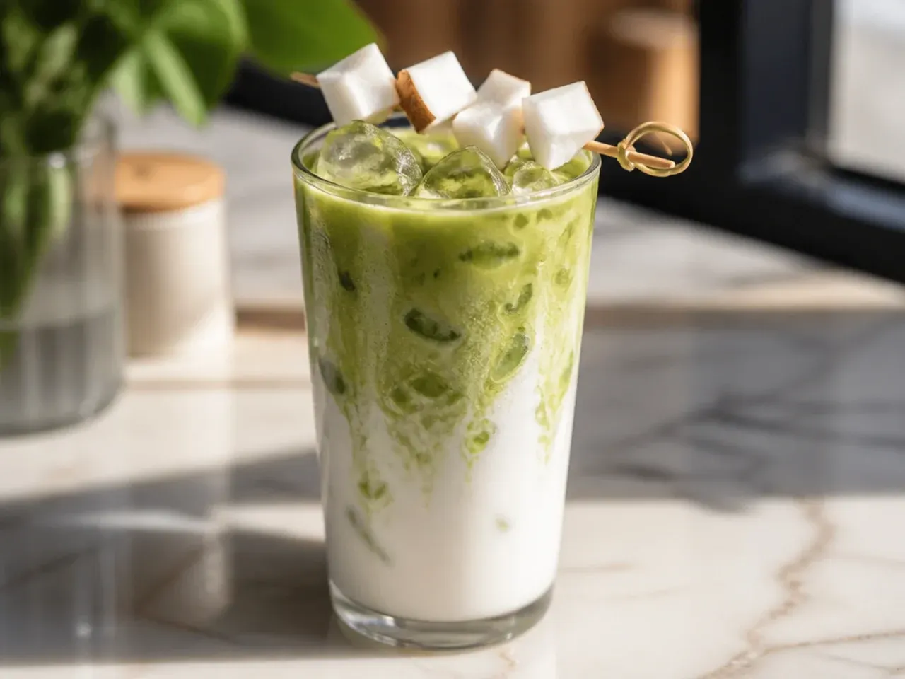 Smooth coconut matcha latte with creamy foam in a glass mug