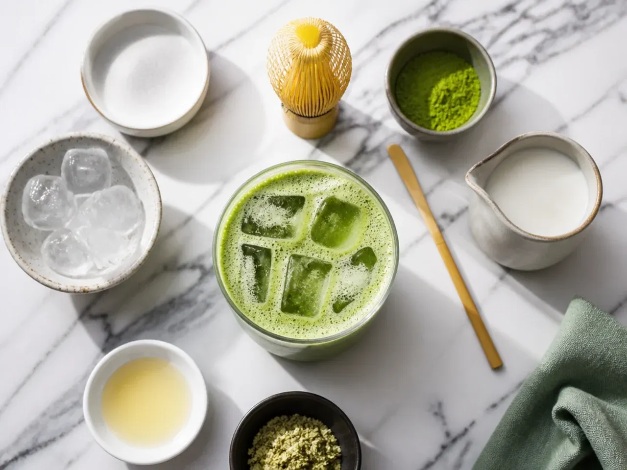 Close-up of matcha powder being whisked into water with a bamboo whisk