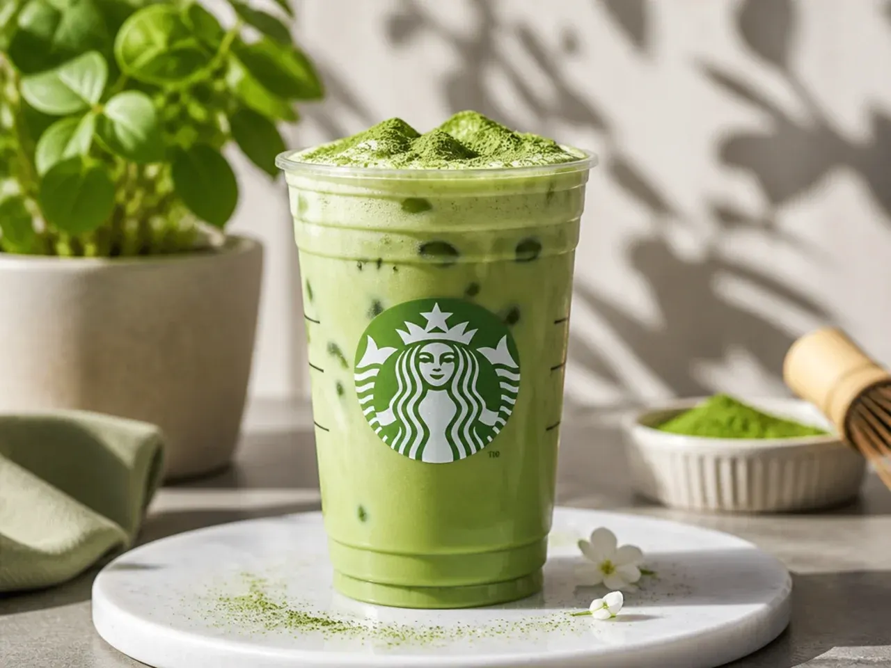 Iced matcha latte served with a reusable straw and garnished with mint
