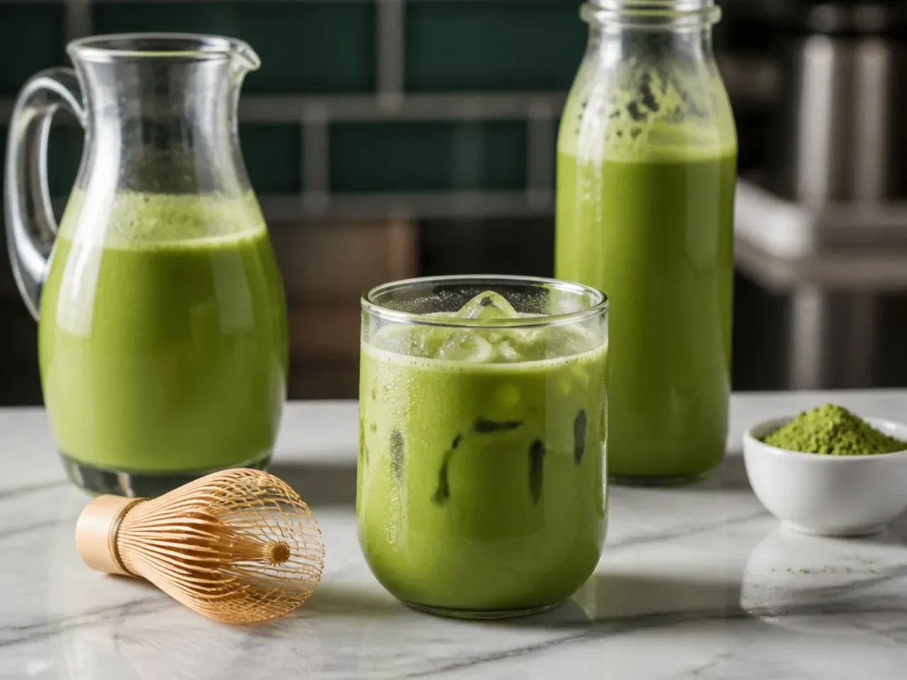 Jar of concentrated matcha base being poured into a glass of milk and ice