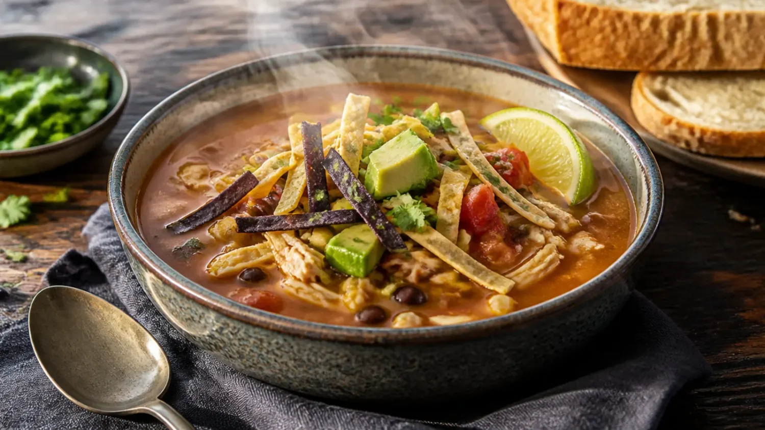 Two bowls of chicken tortilla soup side by side, one thick and cheesy topped with fried tortilla strips, the other a clearer broth-based soup with lime and coriander