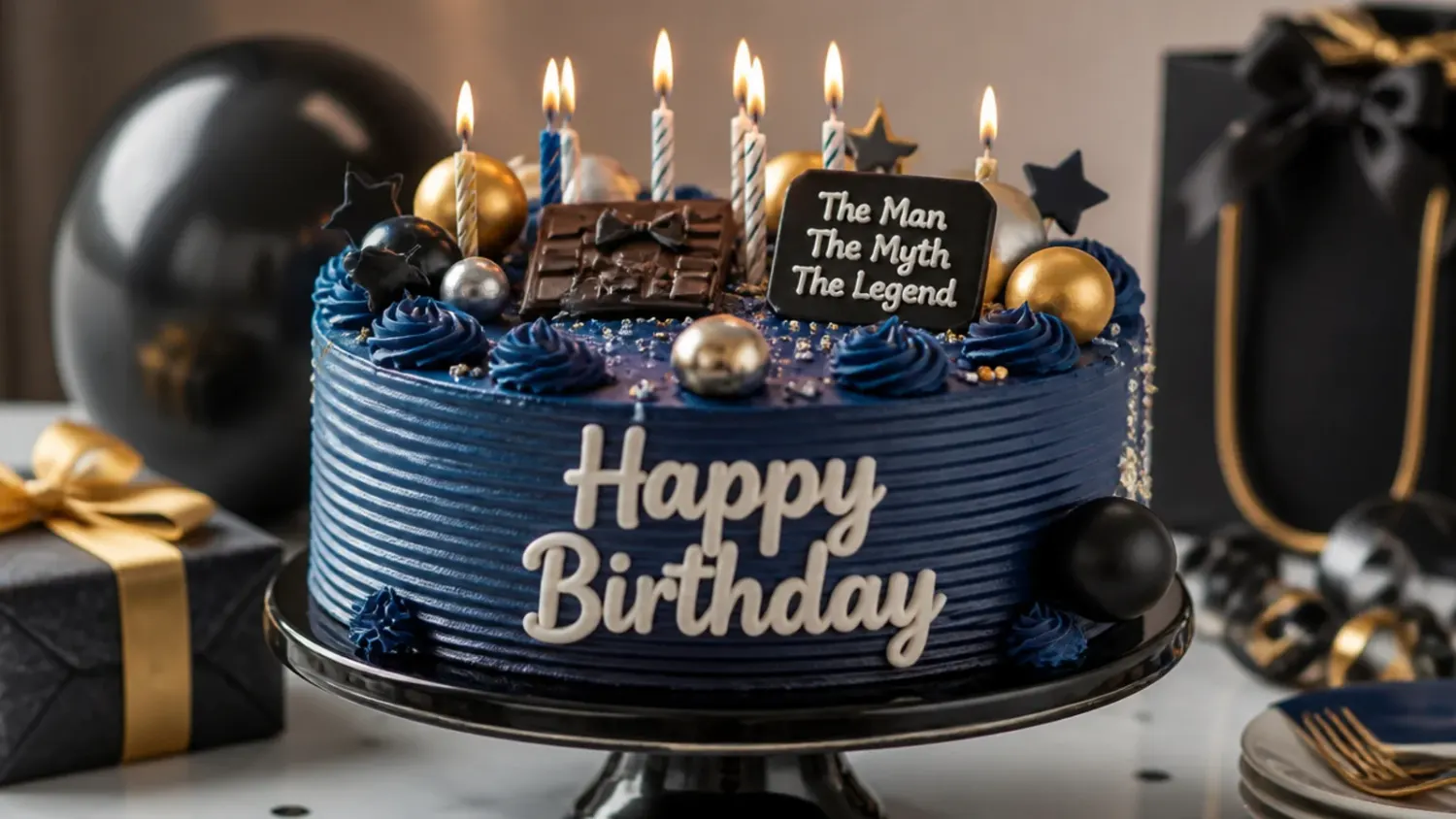 A tall dark chocolate layer cake with a glossy ganache drip, finished with chopped chocolate bar pieces and a rustic bark-textured side, set on a wooden board