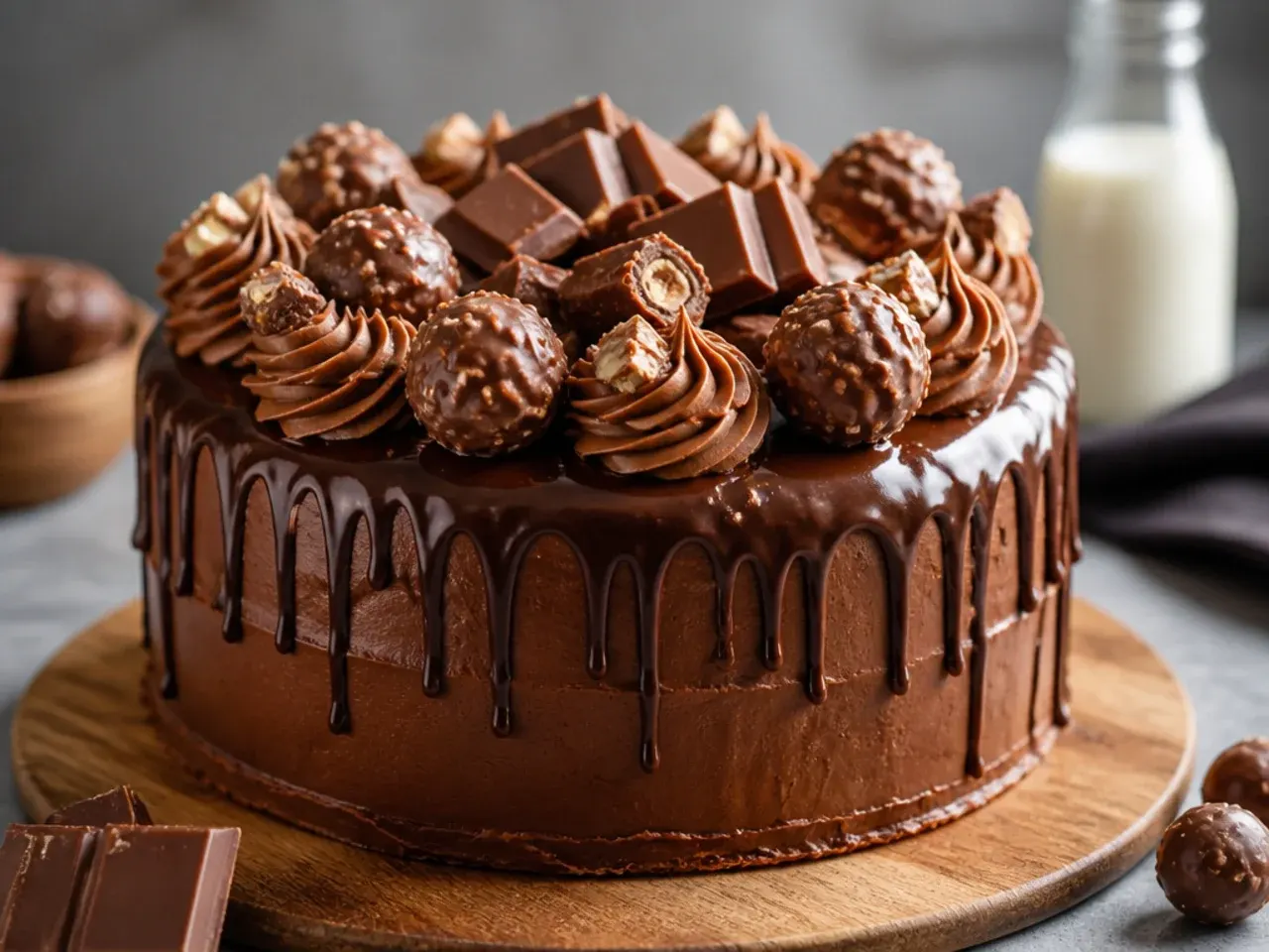 Overhead view of a rustic dark chocolate cake surrounded by beer bottles, whisky glasses and chocolate bars on a wooden table