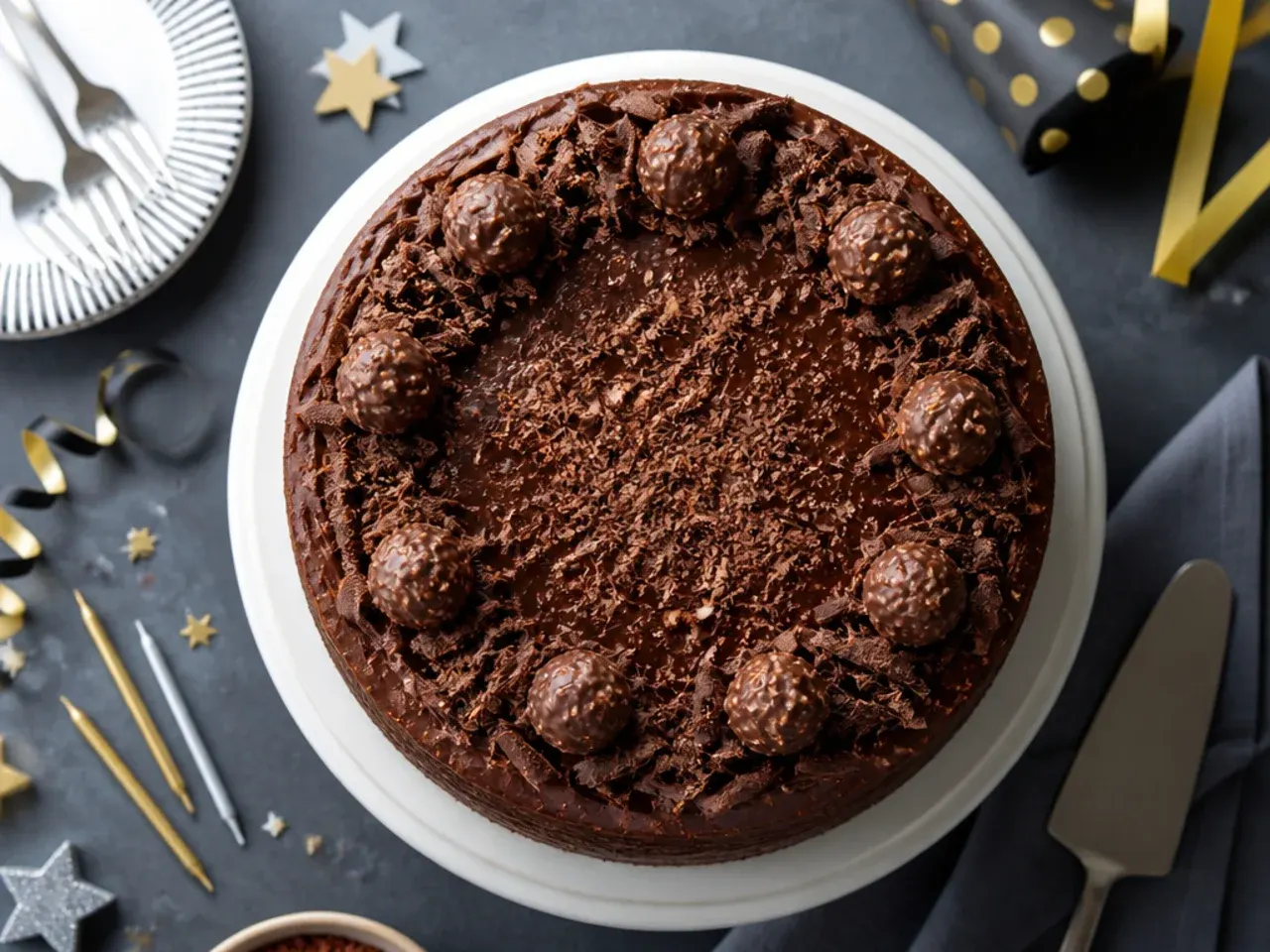 Two-layer dark chocolate cake with glossy ganache dripping down the sides on a wooden board