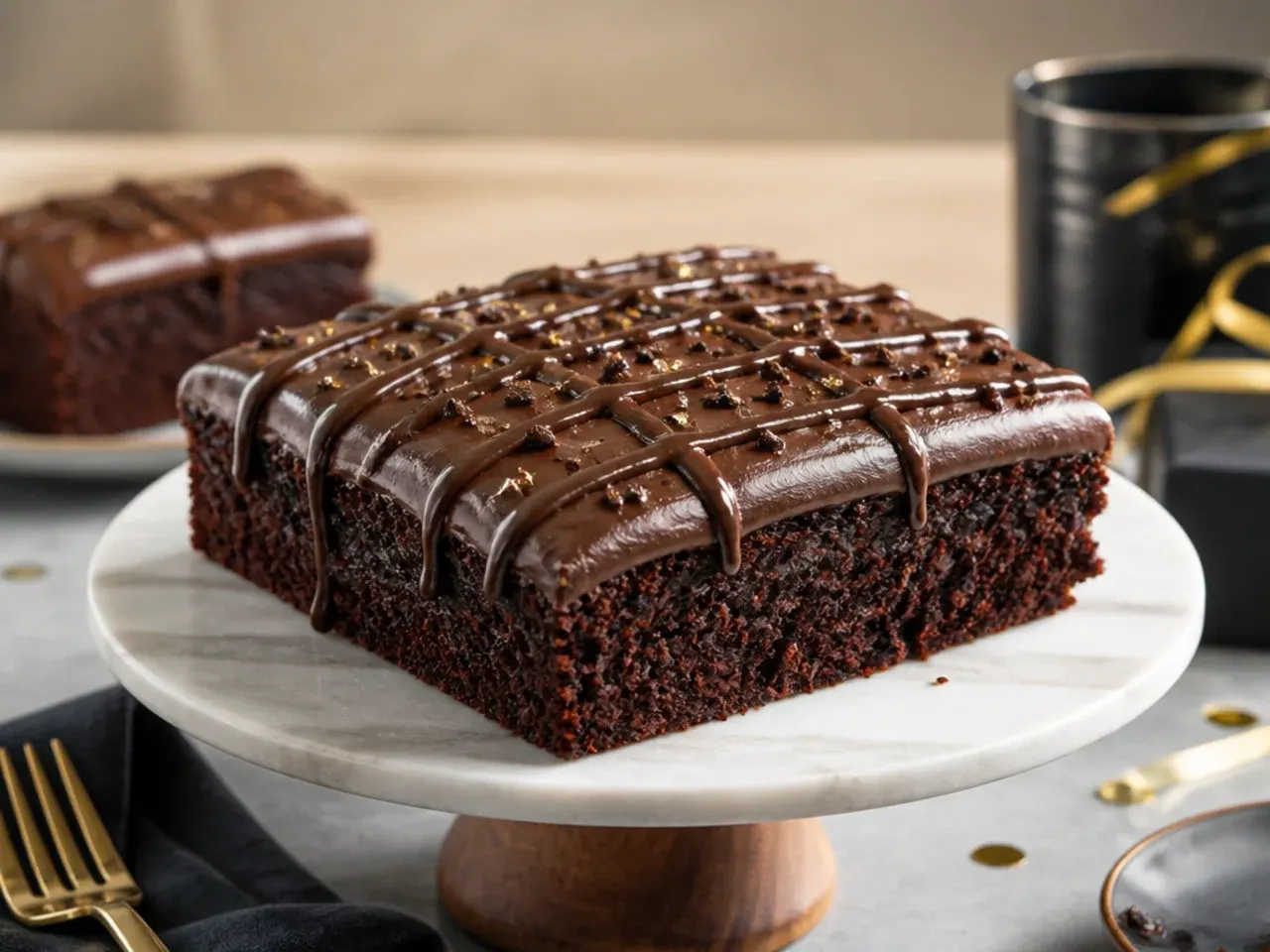 Rectangular chocolate traybake cut into squares with a thin layer of chocolate ganache on top