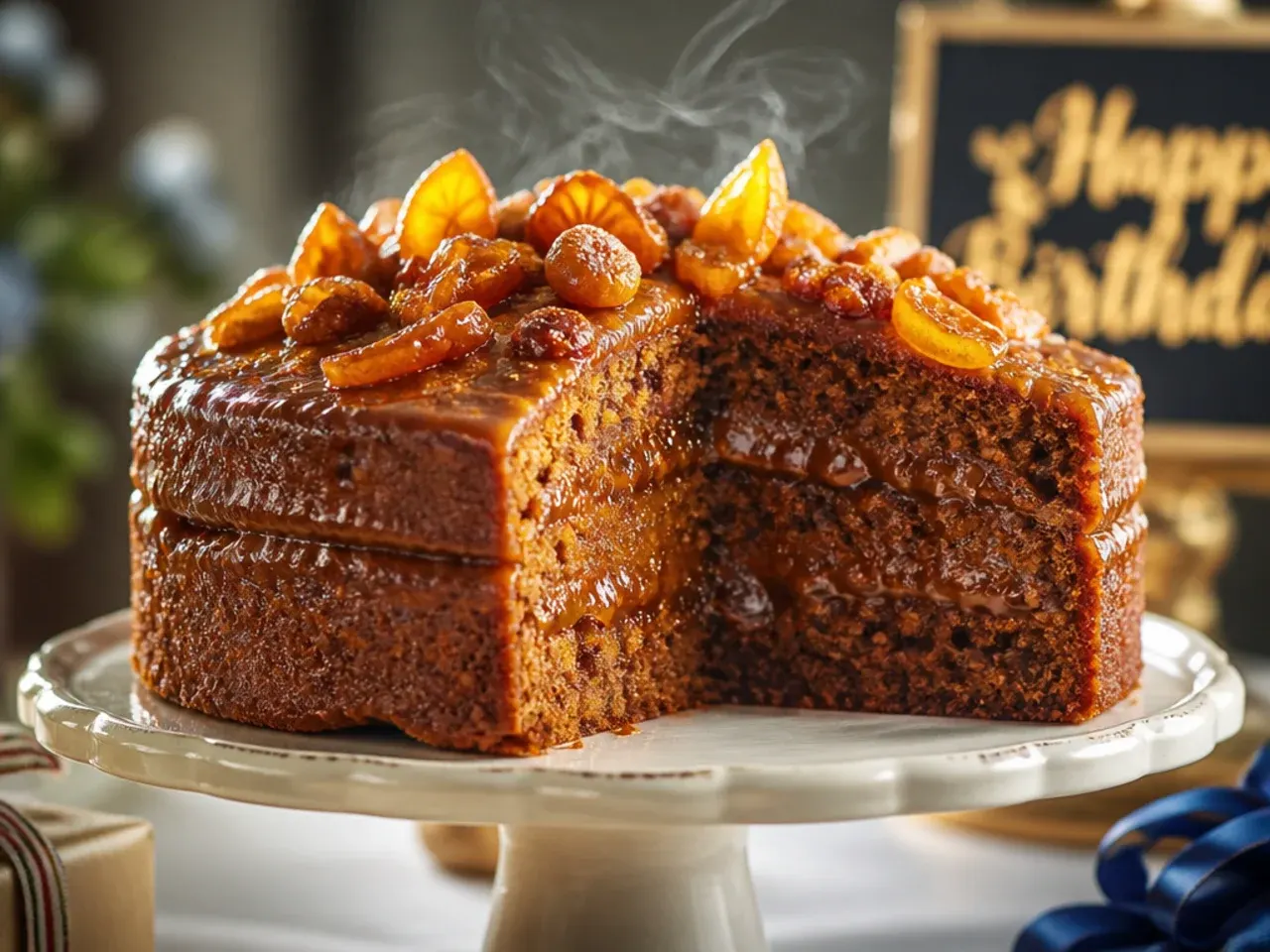 Dark spiced ginger cake with brown sugar cream cheese frosting and crystallised ginger pieces on top