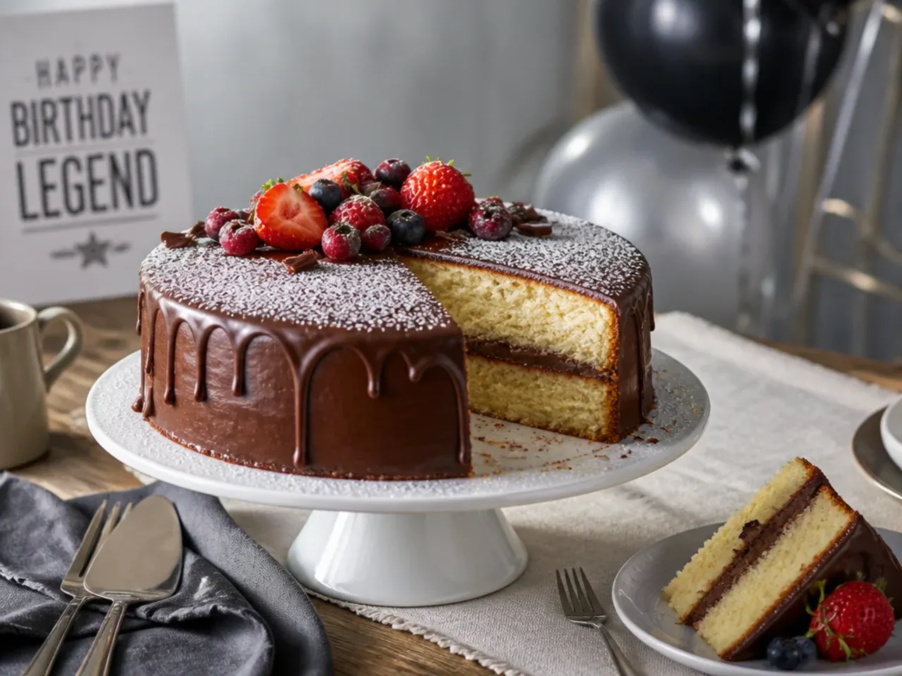 Sliced vanilla sponge cake showing a pale interior beneath a dark chocolate ganache coating