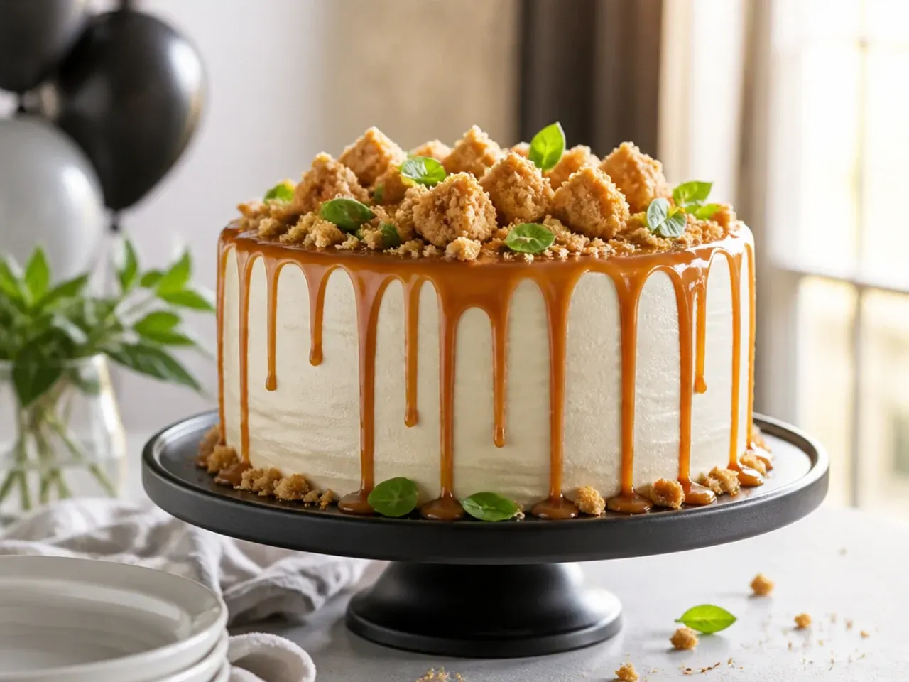 Chocolate cake with a caramel drip and visible flakes of sea salt scattered across the top