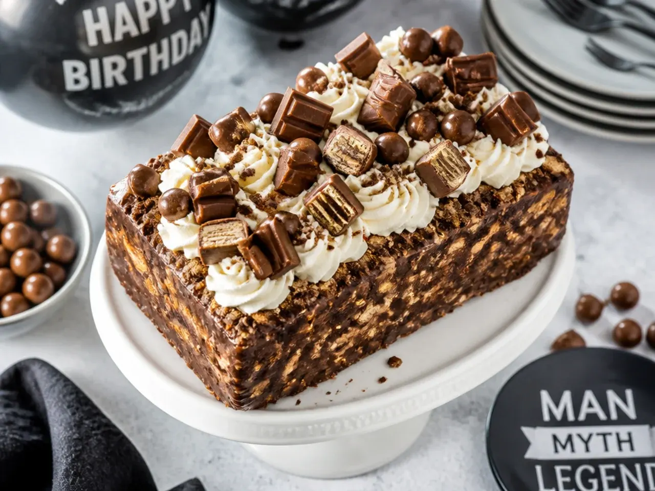 Chocolate cake loaded with crushed biscuit crumb and roughly chopped chocolate bar pieces on top