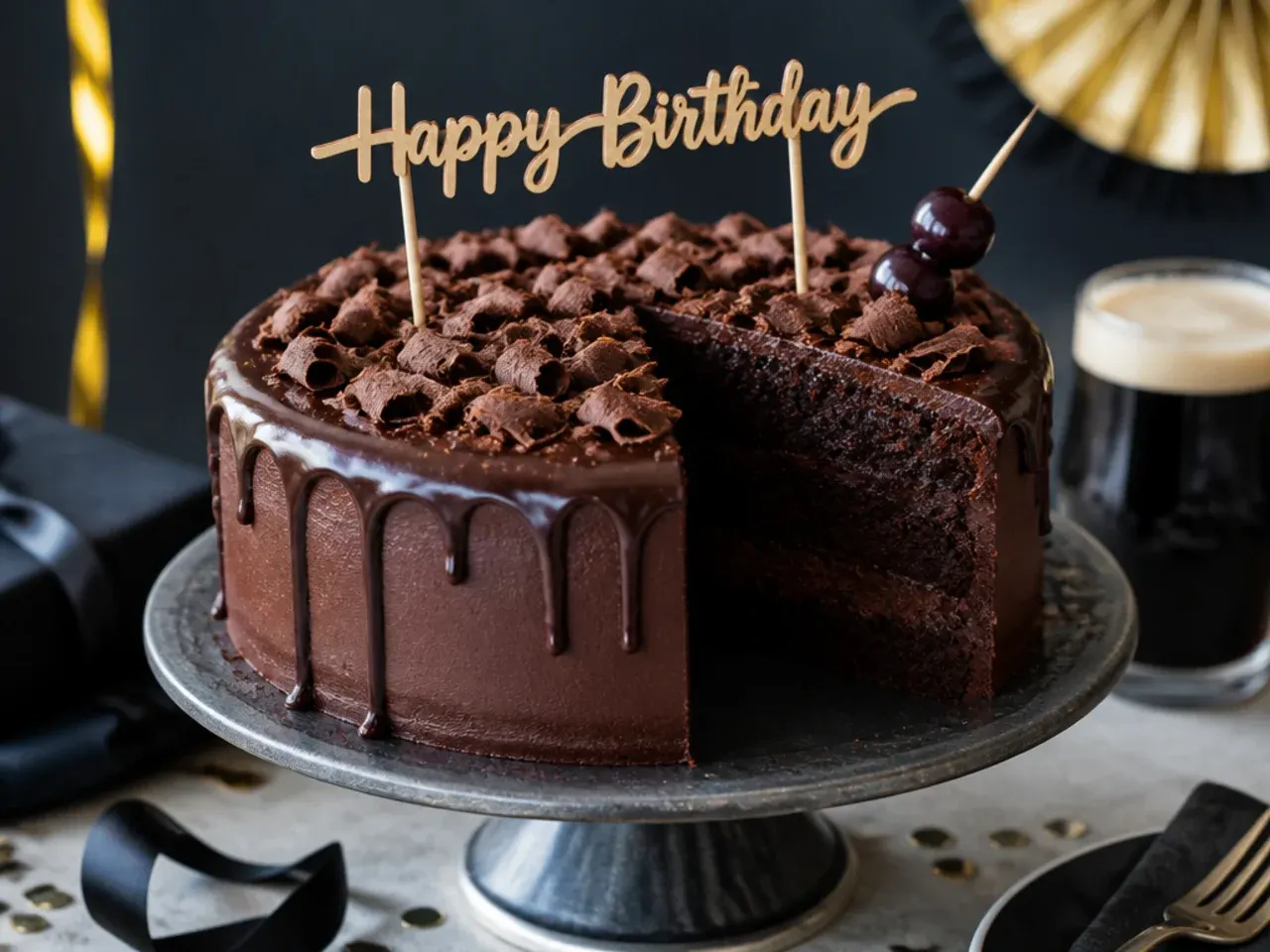Dark, moist chocolate stout cake with a matte ganache finish on a rustic wooden board