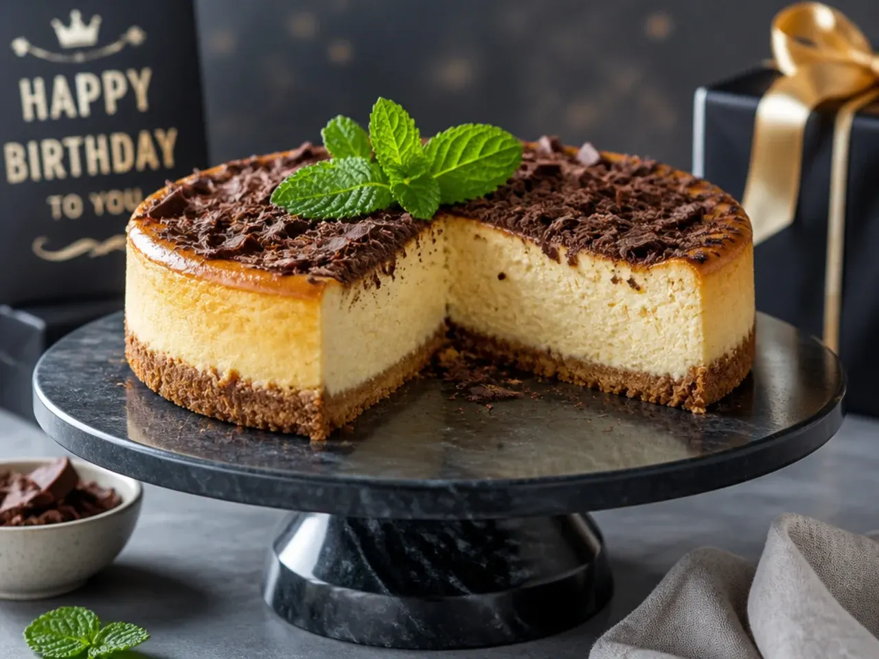 Baked New York-style cheesecake with a biscuit crust and a drizzle of melted chocolate on top