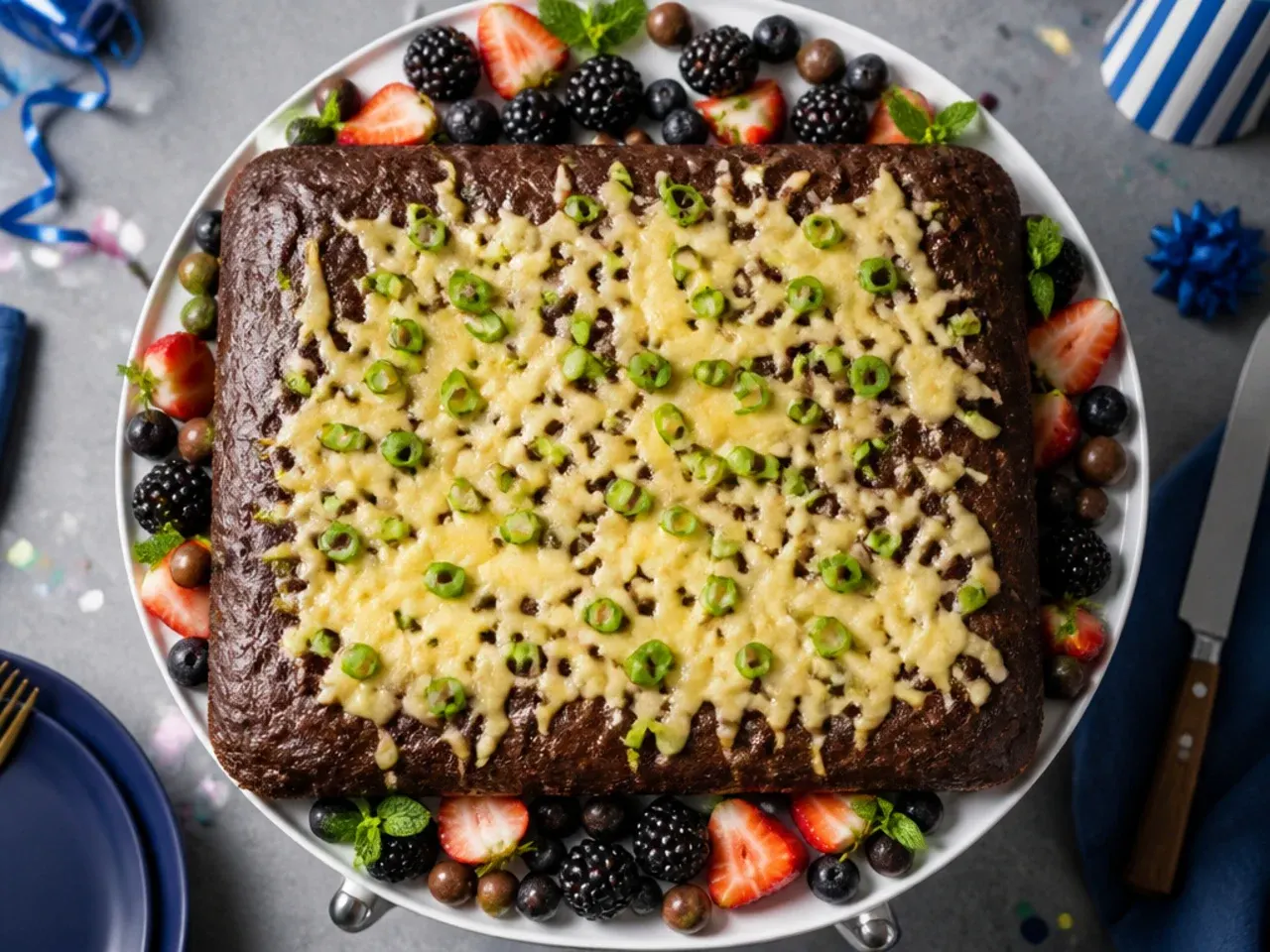 Simple chocolate traybake with a thin glaze and chopped chocolate biscuits on top