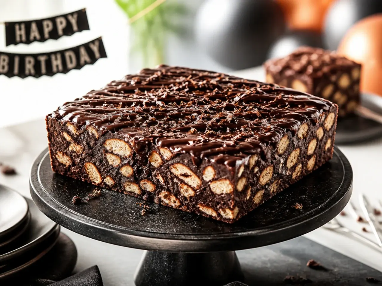Sliced no-bake chocolate biscuit tiffin cake showing broken biscuit pieces set in dark chocolate
