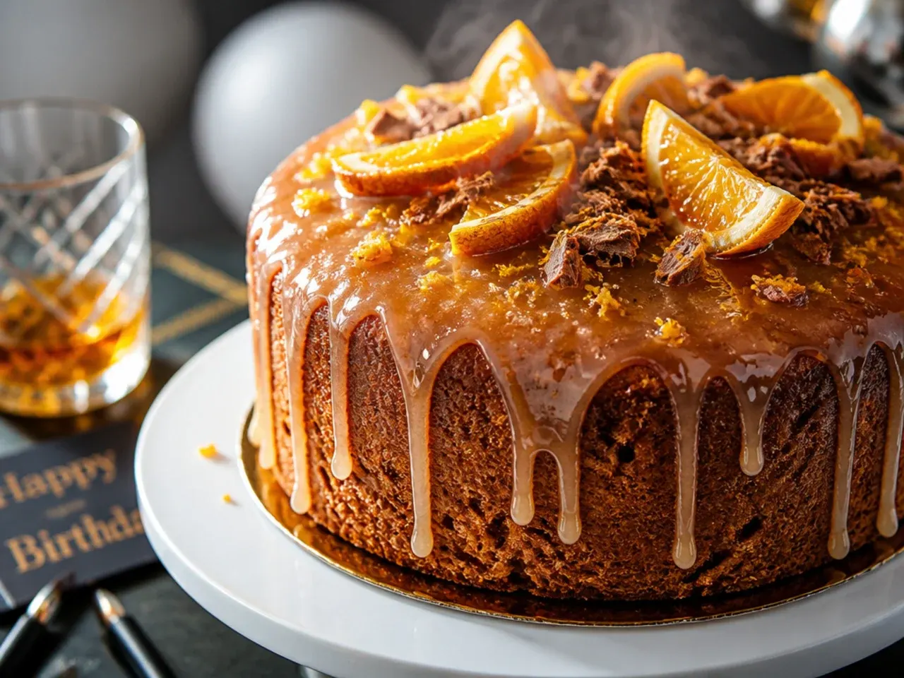 Orange drizzle cake with a glossy whisky glaze cooling on a wire rack