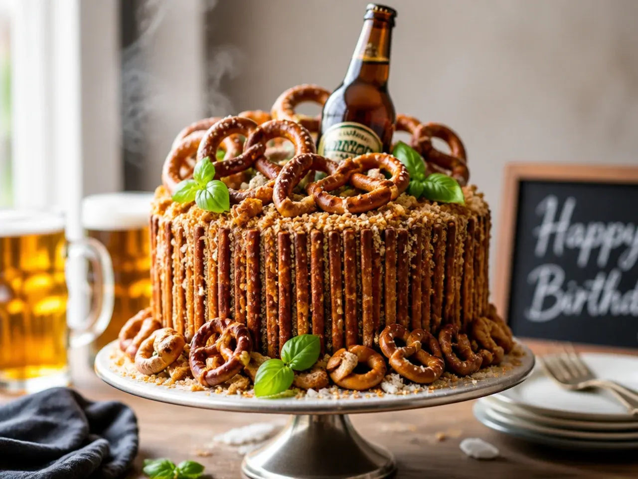 Chocolate cake with crushed salted pretzels pressed into the ganache sides and mini pretzels on top