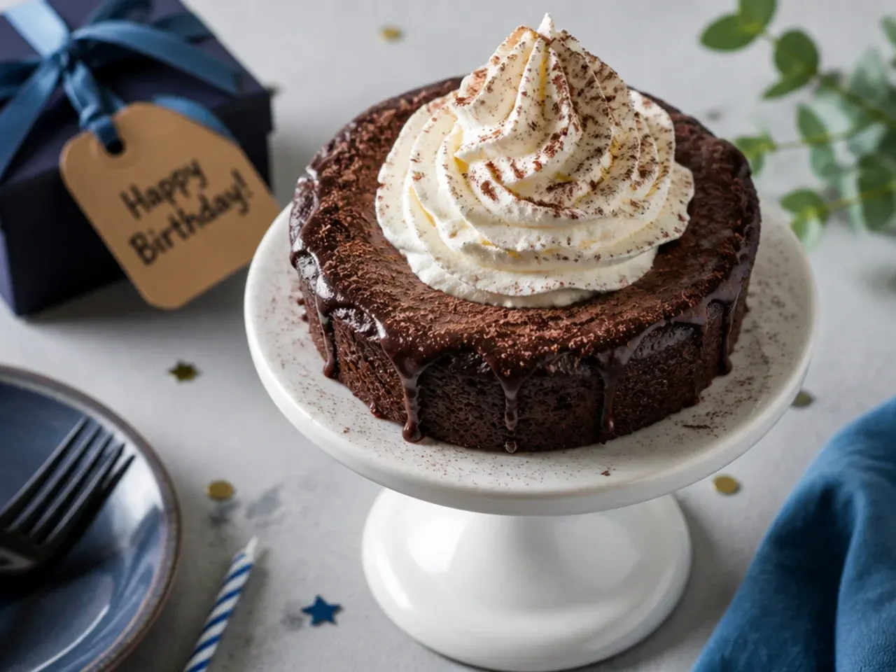 Warm chocolate mug cake topped with melted chocolate and a single lit birthday candle