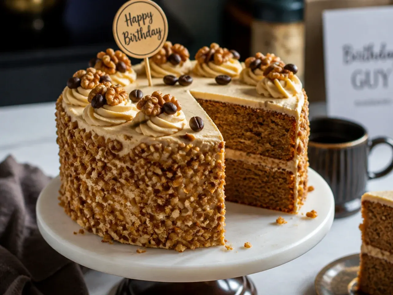 Coffee and walnut layer cake with coffee buttercream and walnut halves arranged around the top edge