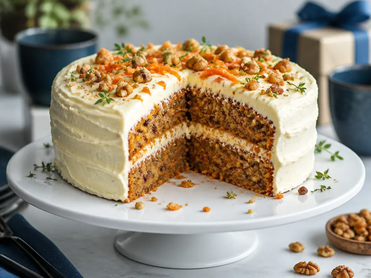 Rustic carrot cake with cream cheese frosting and chopped walnuts scattered on top