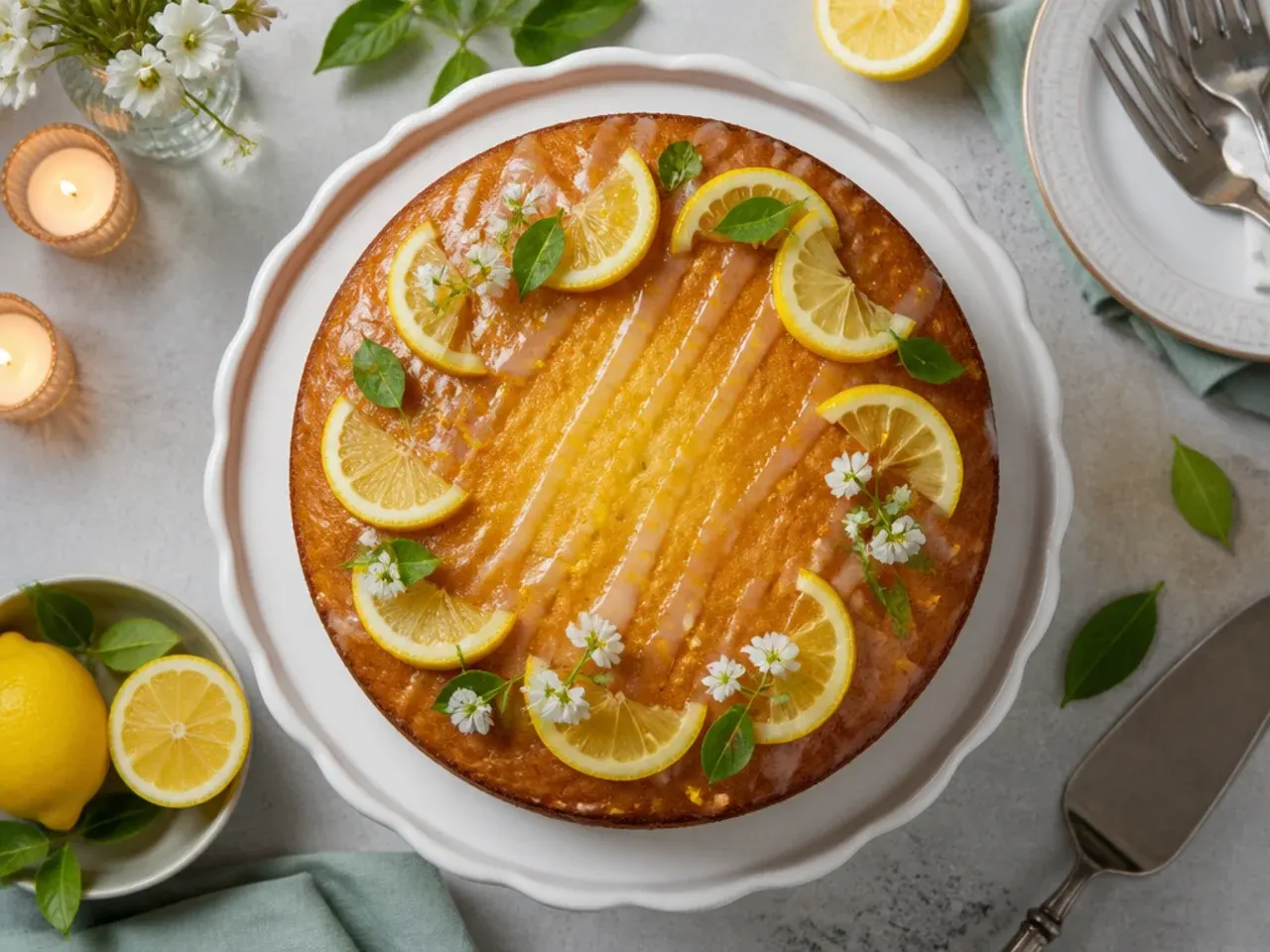 Lemon drizzle cake with a crackled sugar crust and twisted lemon slices on top