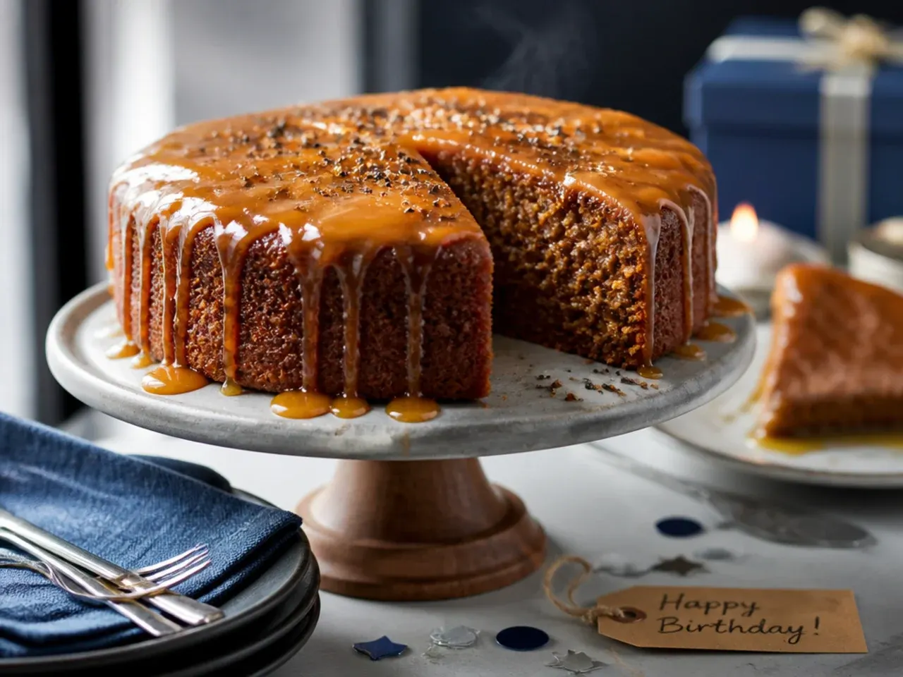 Sticky toffee cake with warm toffee sauce poured over the top, served slightly warm