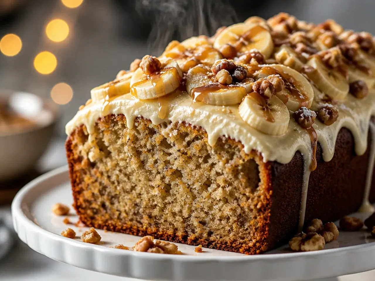 Banana bread-style cake with a cream cheese glaze and banana slices arranged on top