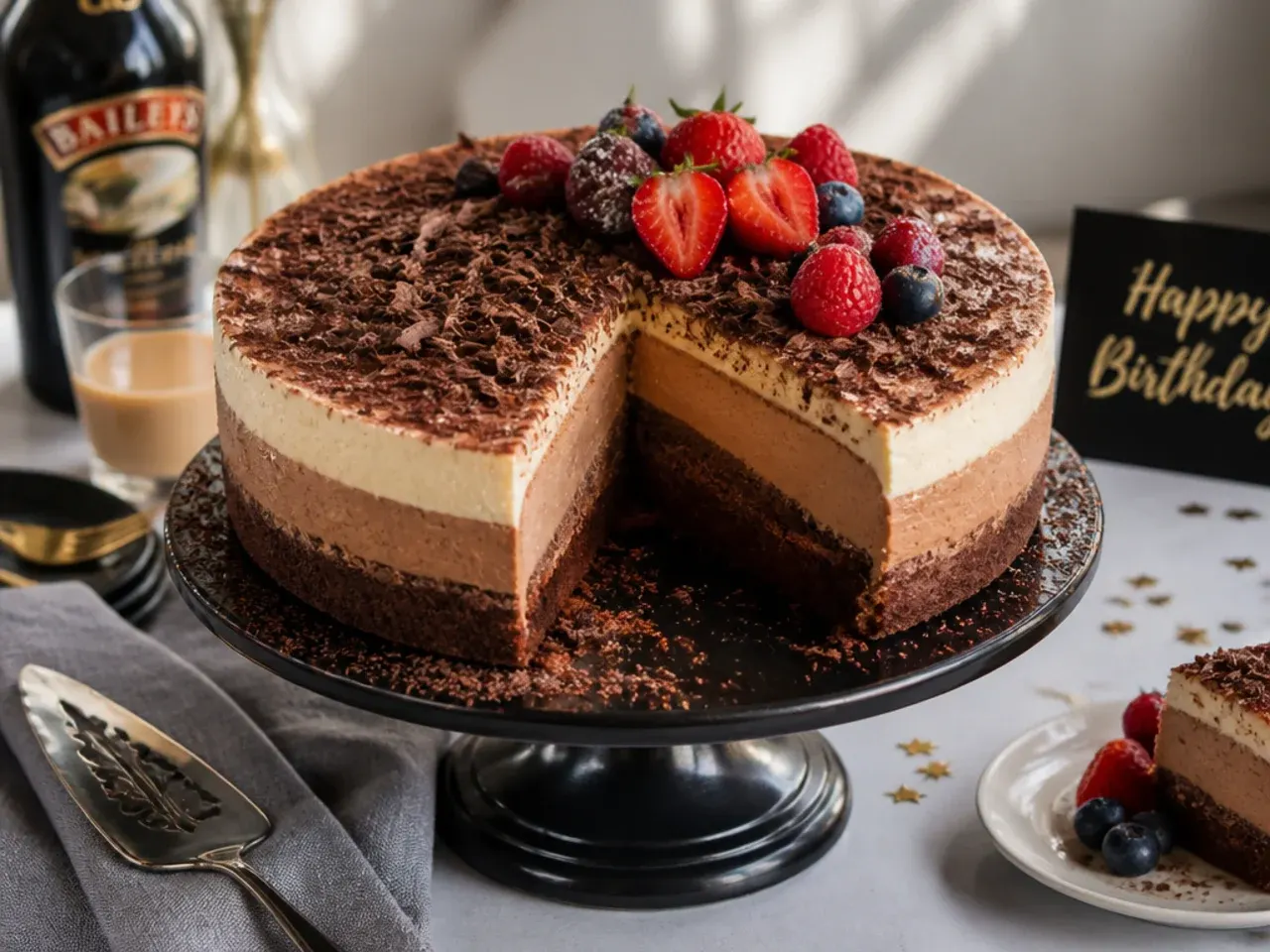 Layered chocolate mousse cake dusted with cocoa powder, sliced to show creamy mousse layers