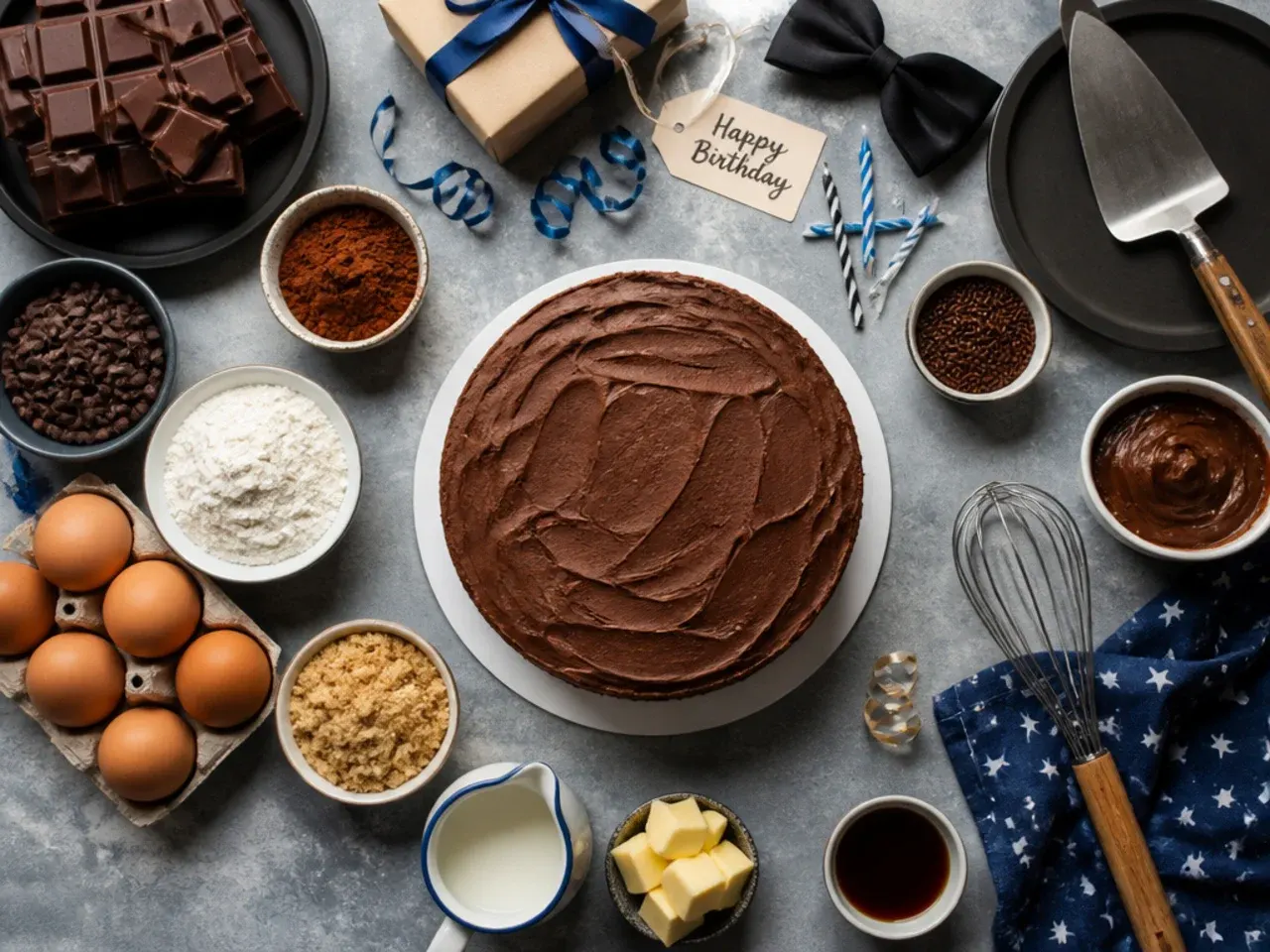 Baker's hands pouring thick chocolate ganache over a layer cake on a wire rack