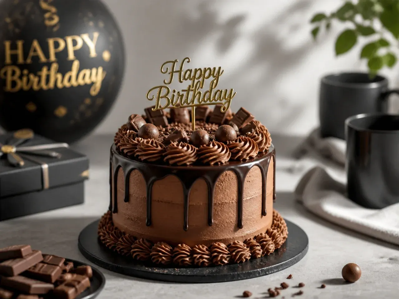 Slice of chocolate cake served with a scoop of vanilla ice cream and a cup of coffee alongside
