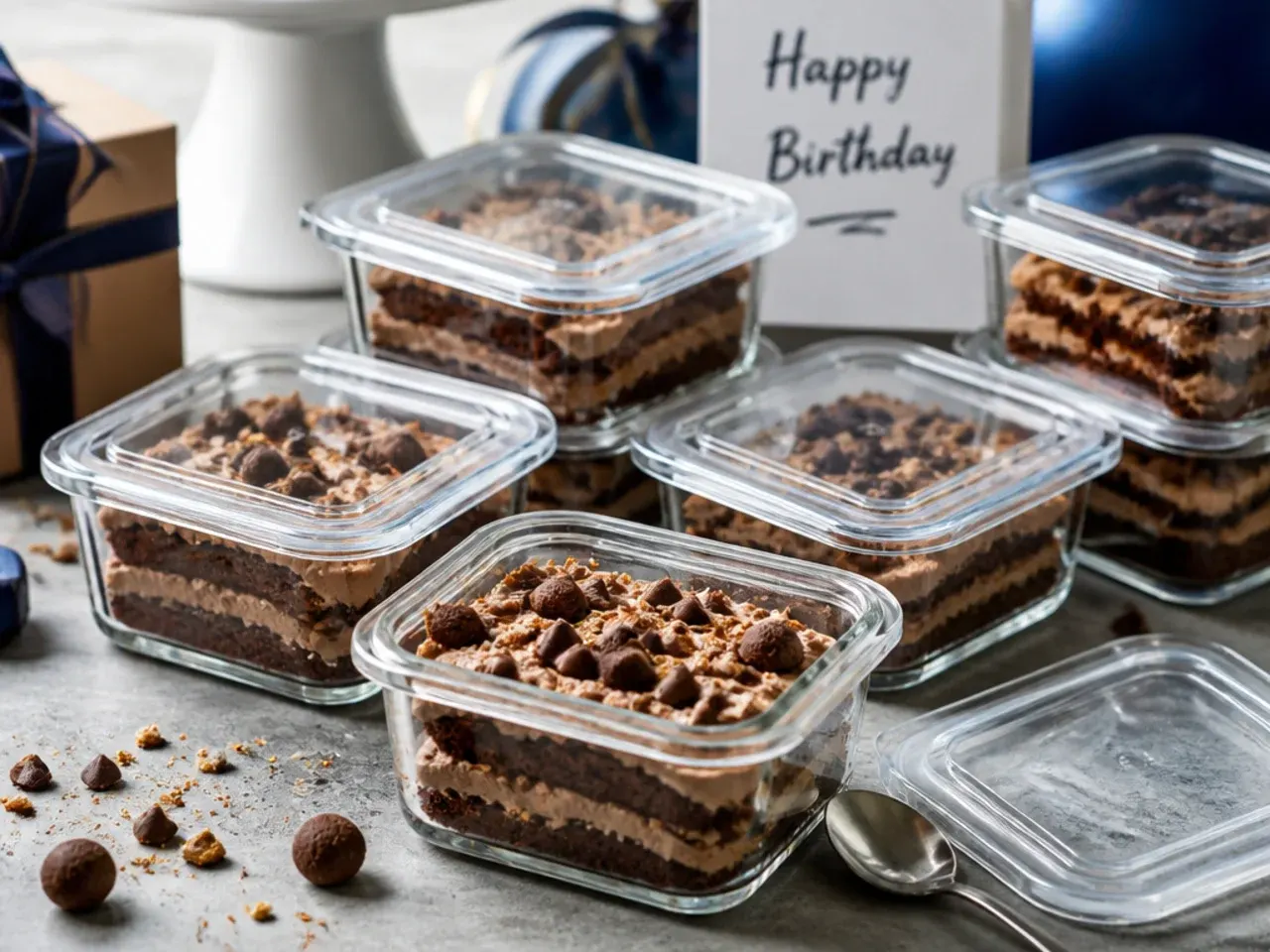 Frosted chocolate cake stored under a glass cake dome on a kitchen counter