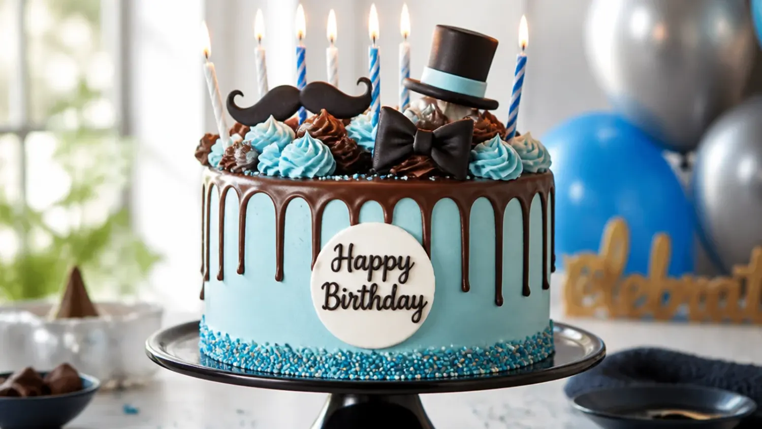 A tall dark chocolate layer cake with a rustic semi-naked finish, caramel drip and a whisky glass topper on a wooden board