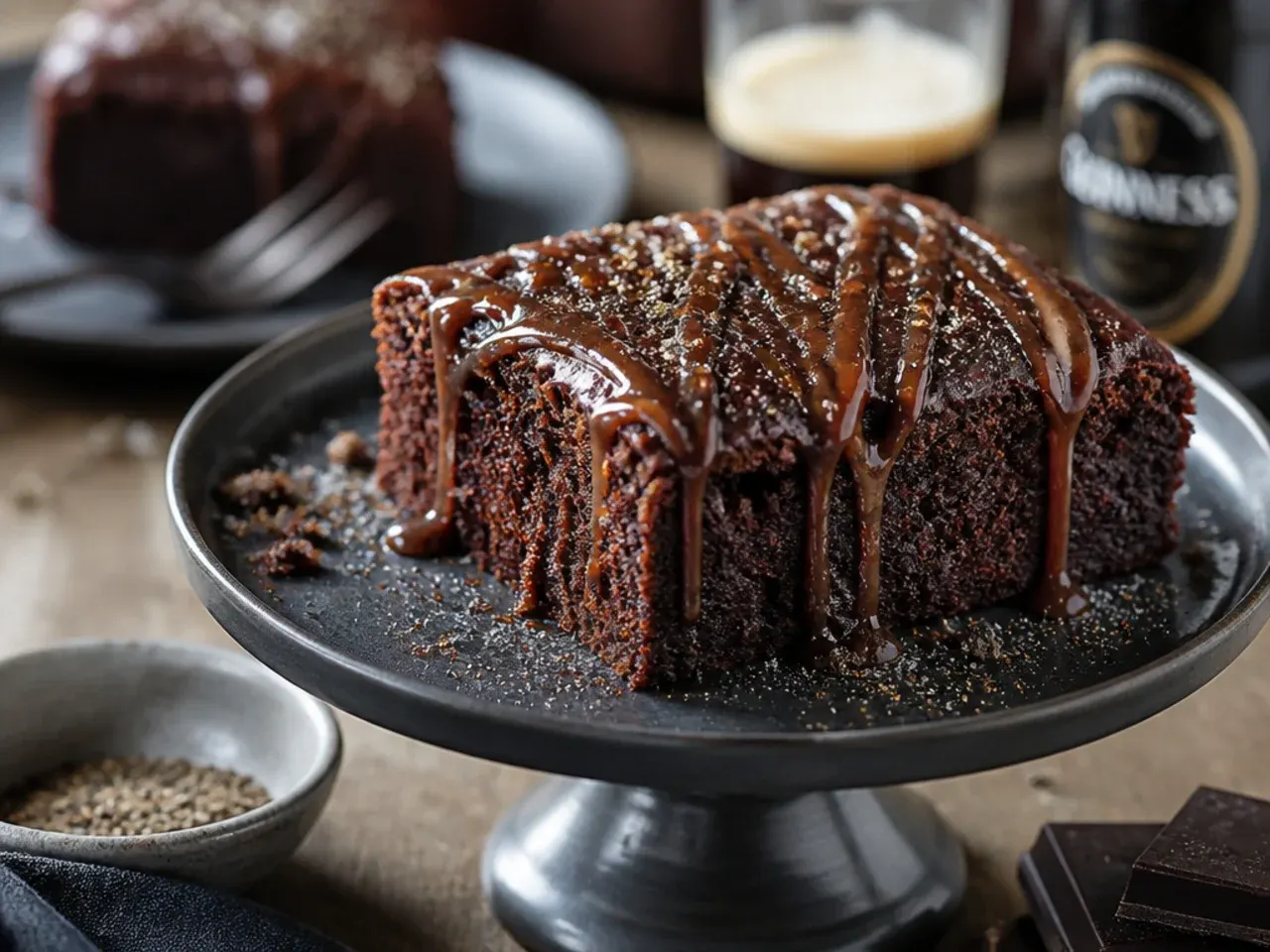 Rectangular chocolate traybake with a textured ganache top and scattered salted pretzels in one corner