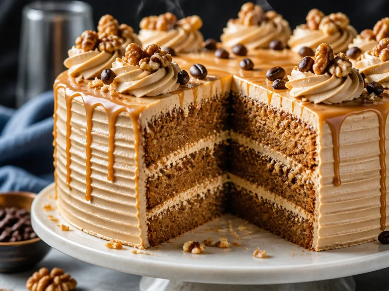 Coffee-toned layer cake with a ring of walnut halves pressed around the base