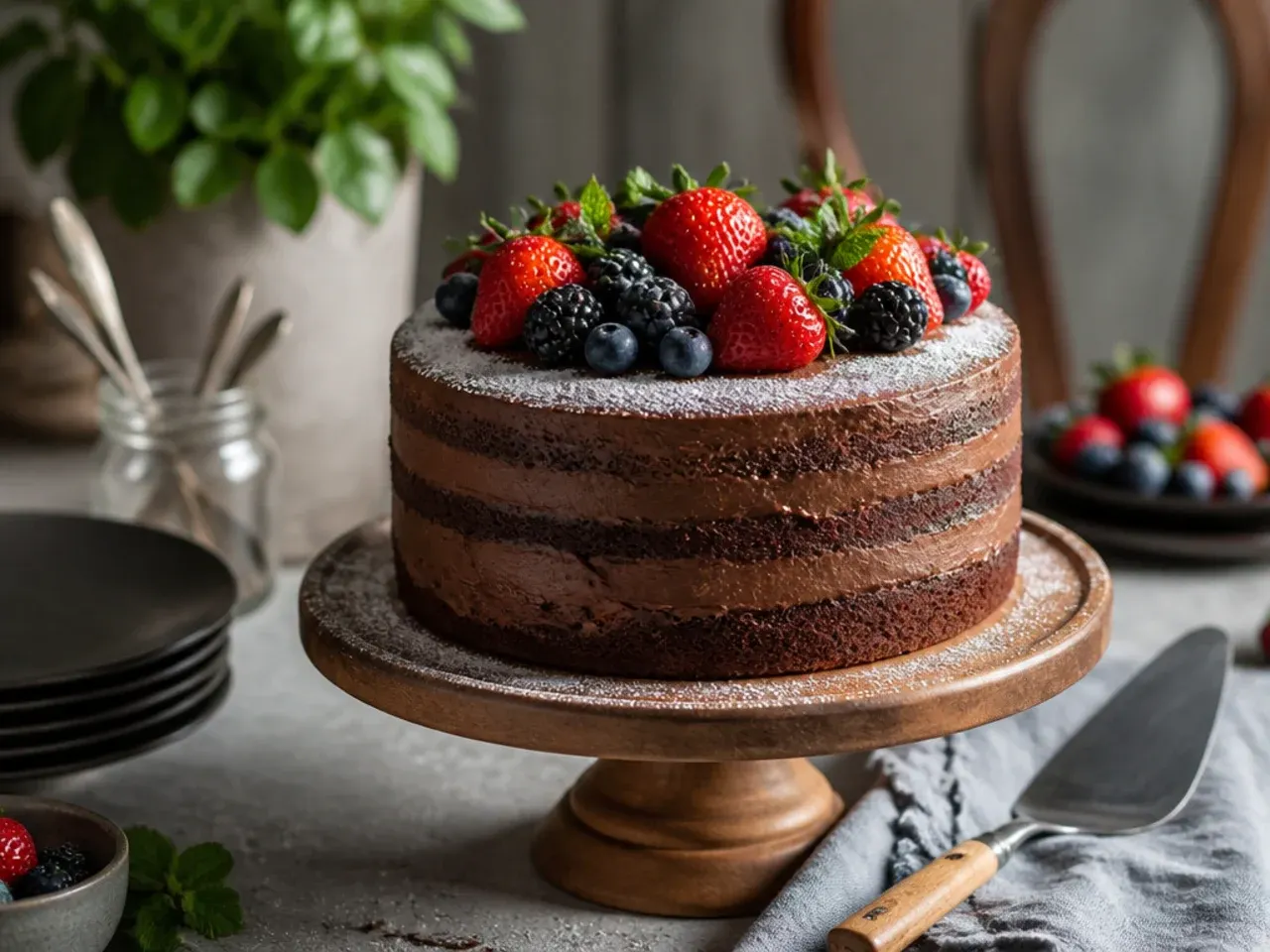 Semi-naked chocolate cake with exposed dark sponge showing through thin buttercream stripes