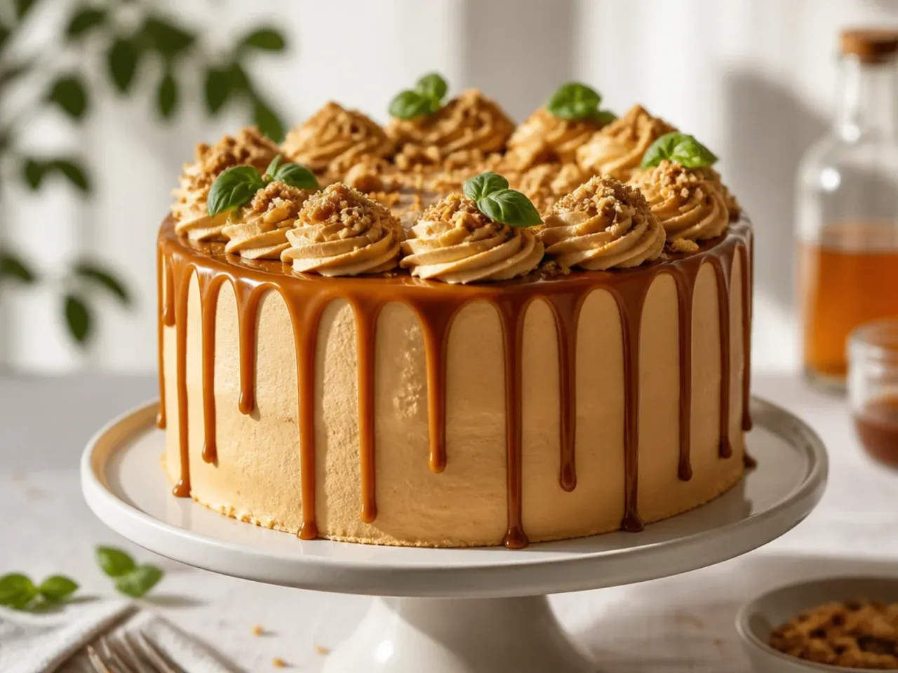 Cake with smooth caramel buttercream and caramel drips running down the sides, finished with flaky sea salt