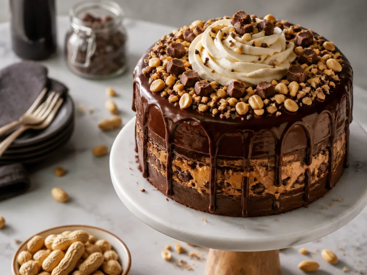 Chocolate cake with swirled peanut butter buttercream and chopped peanuts pressed around the base