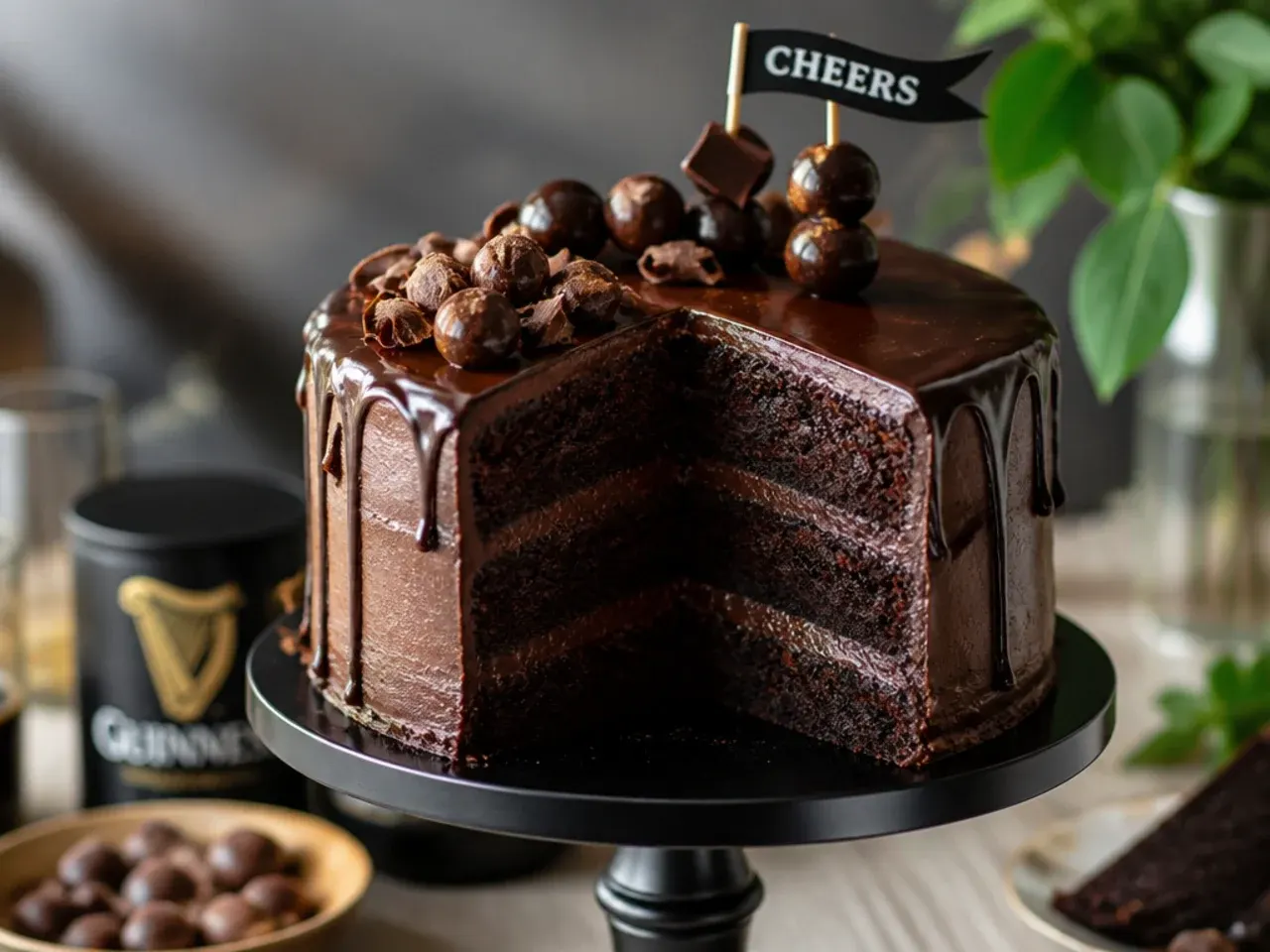 Tall dark chocolate stout cake with a glossy ganache finish, sliced to show a dense moist crumb