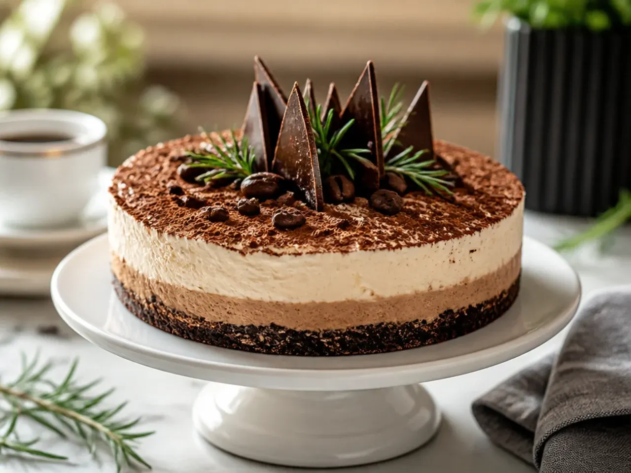 Chocolate layer cake with pale cream cheese espresso frosting in a semi-naked finish