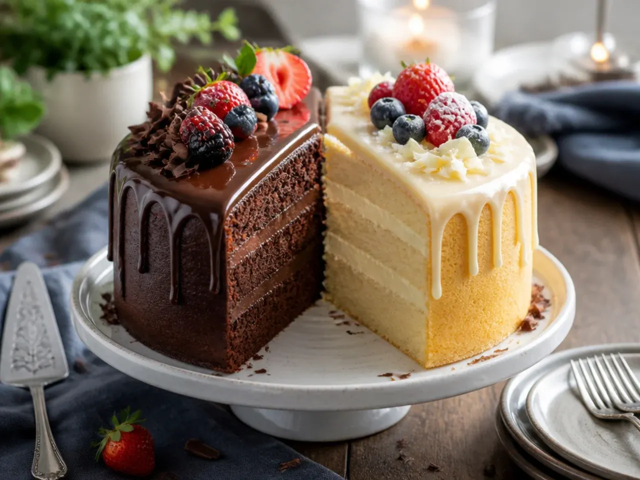 Sliced layer cake showing alternating chocolate and vanilla sponge layers under a single frosting